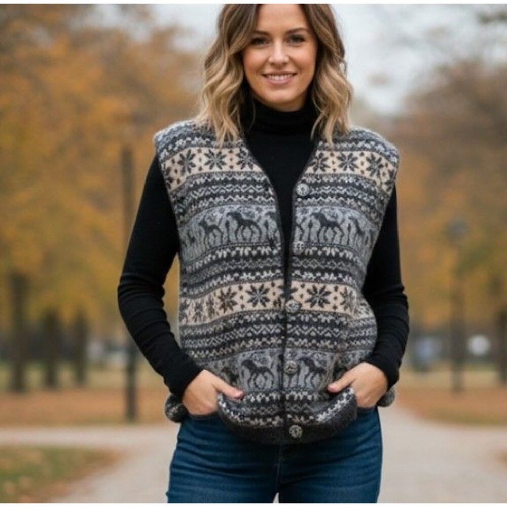 Maglia Donna Size S Sweater Vest Fair Isle Made in Italy Wool Blend Buttons